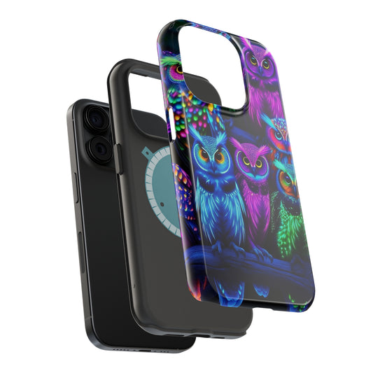 "Neon Nocturne" Neon Owls Premium Art Magsafe Magnet Tough IPhone 13 14 15 Pro Plus Max and Mini in Matte and Glossy Phone cases