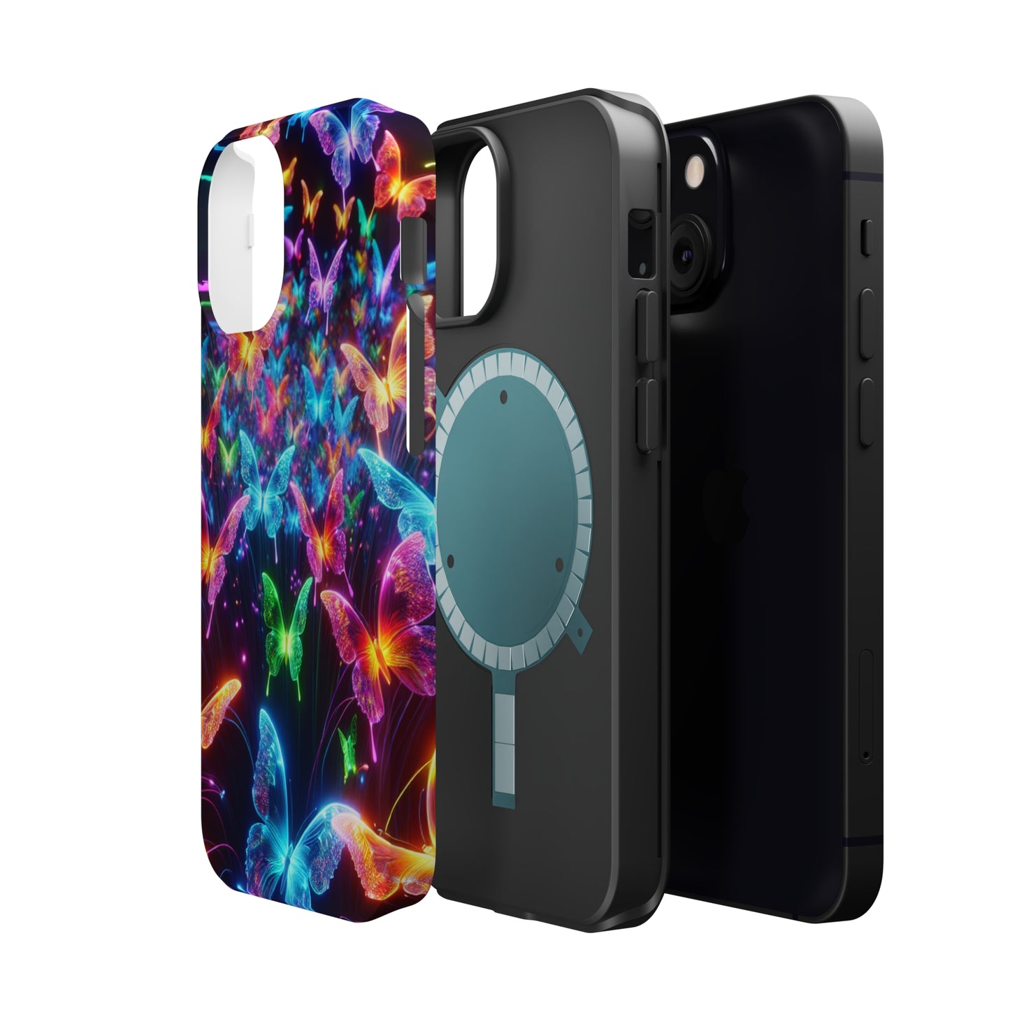 "Neon Flutterburst" Neon Butterflies Premium Art Magsafe Magnet Tough IPhone 13 14 15 Pro Plus Max and Mini in Matte and Glossy Phone cases