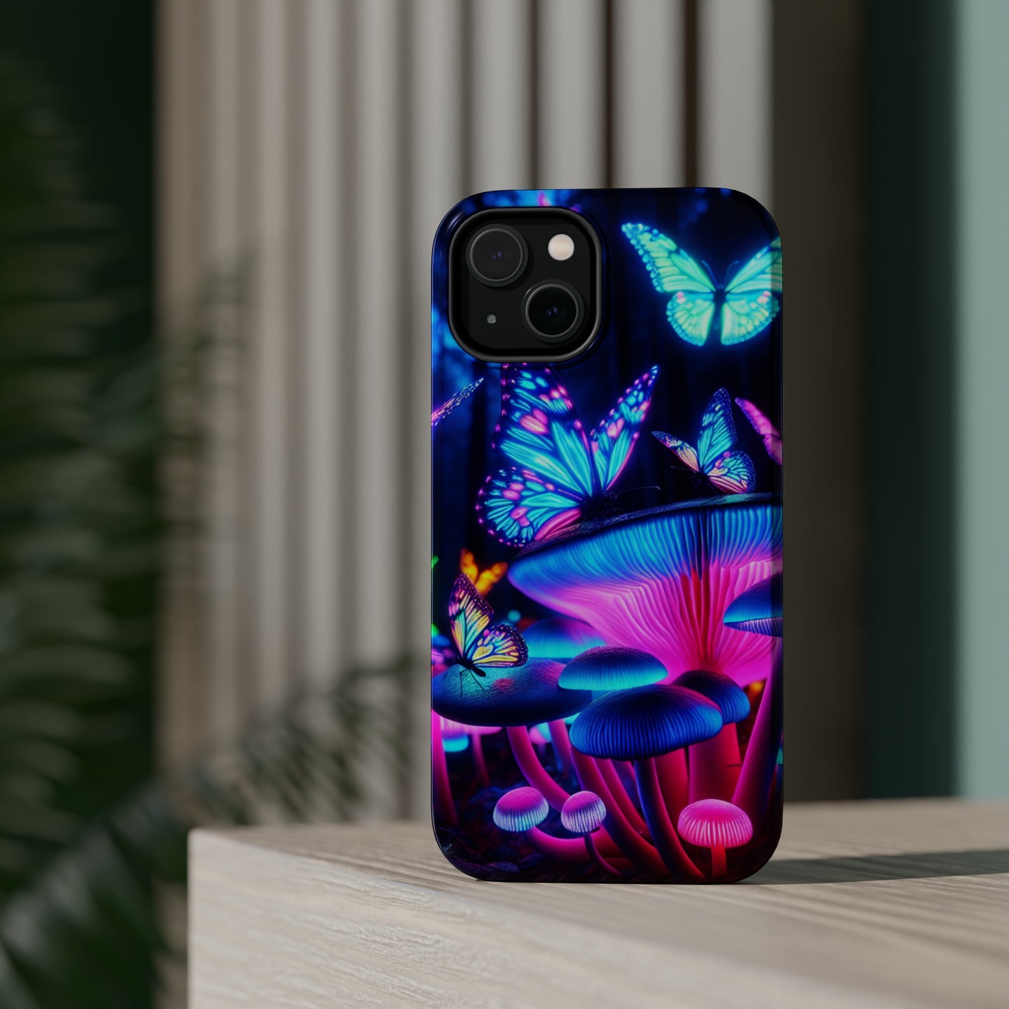 Neon Fantasy Garden Neon Butterflies and Mushrooms Premium Art Magsafe Magnet Tough IPhone 13 14 15 Pro Plus Max and Mini in Matte and Glossy Phone cases