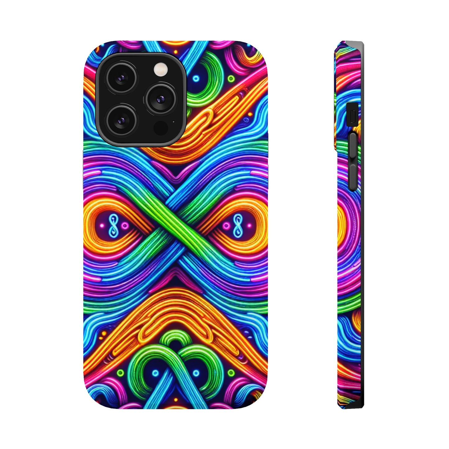 Cosmic Neon Infinity Spectacular. Neon Trippy Infinity Patterns Premium Art Magsafe Magnet Tough IPhone 13 14 15 Pro Plus Max and Mini in Matte and Glossy Phone cases