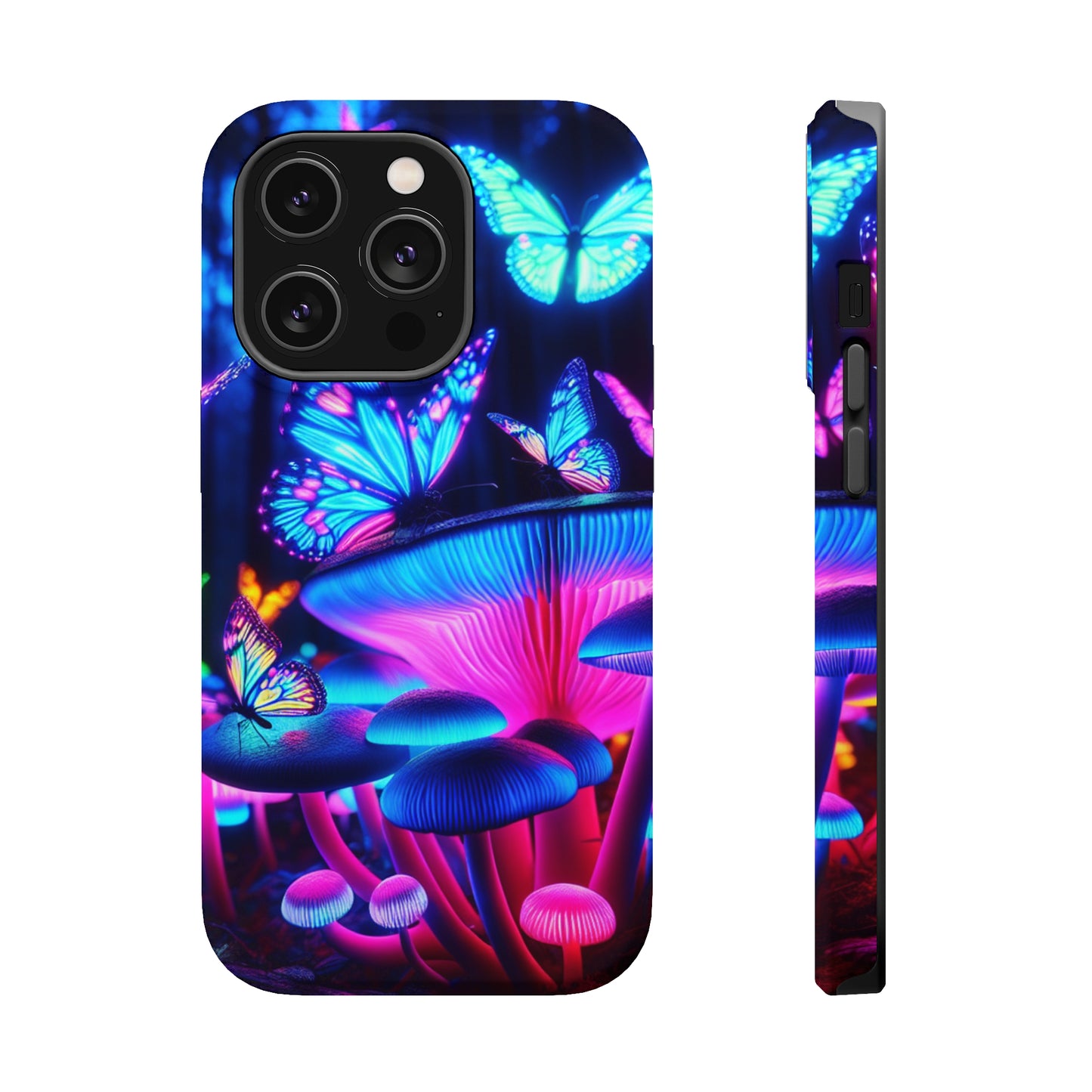 Neon Fantasy Garden Neon Butterflies and Mushrooms Premium Art Magsafe Magnet Tough IPhone 13 14 15 Pro Plus Max and Mini in Matte and Glossy Phone cases