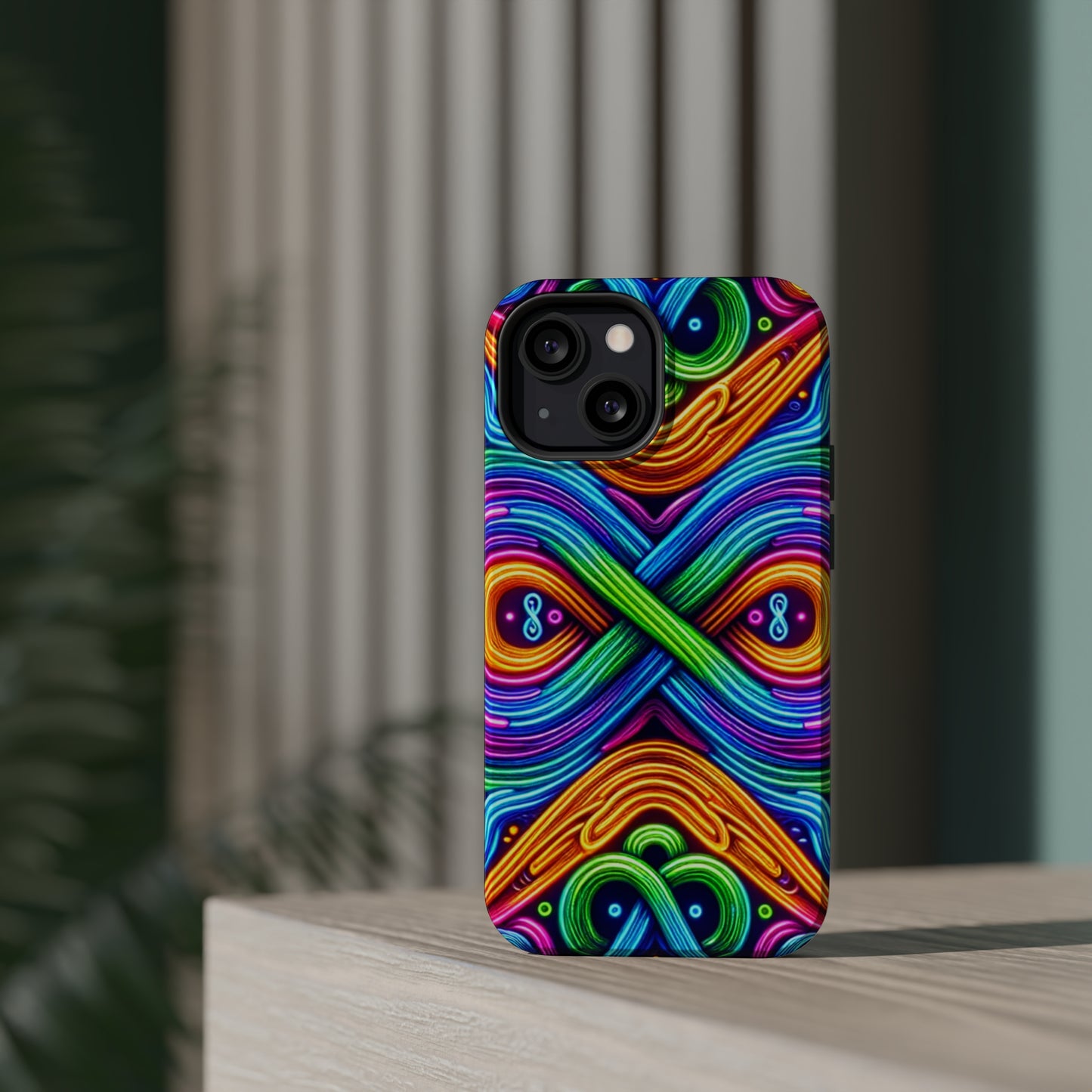 Cosmic Neon Infinity Spectacular. Neon Trippy Infinity Patterns Premium Art Magsafe Magnet Tough IPhone 13 14 15 Pro Plus Max and Mini in Matte and Glossy Phone cases