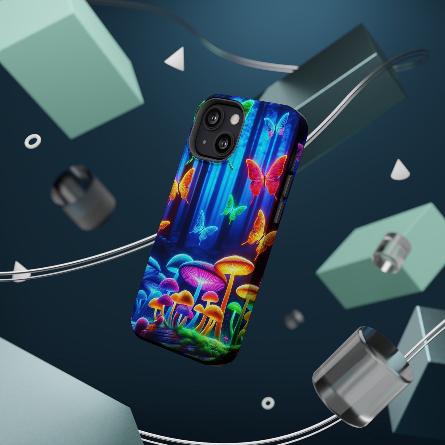 "Neon Garden Delight" Neon Butterflies and Mushrooms Premium Art Magsafe Magnet Tough IPhone 13 14 15 Pro Plus Max and Mini in Matte and Glossy Phone cases