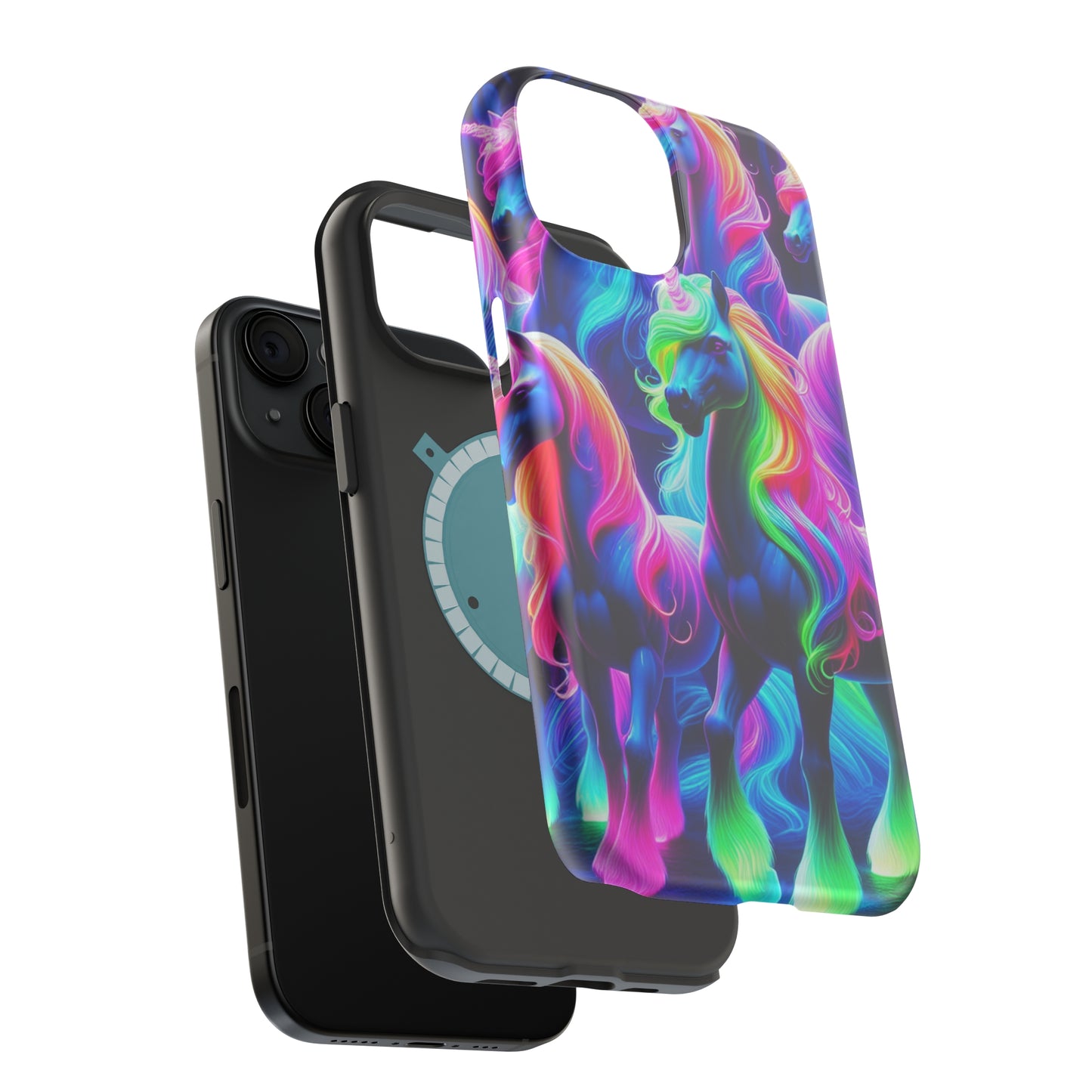 Neon Magic Skies - Unicorn Gang. Neon Unicorns Premium Art Magsafe Magnet Tough IPhone 13 14 15 Pro Plus Max and Mini in Matte and Glossy Phone cases