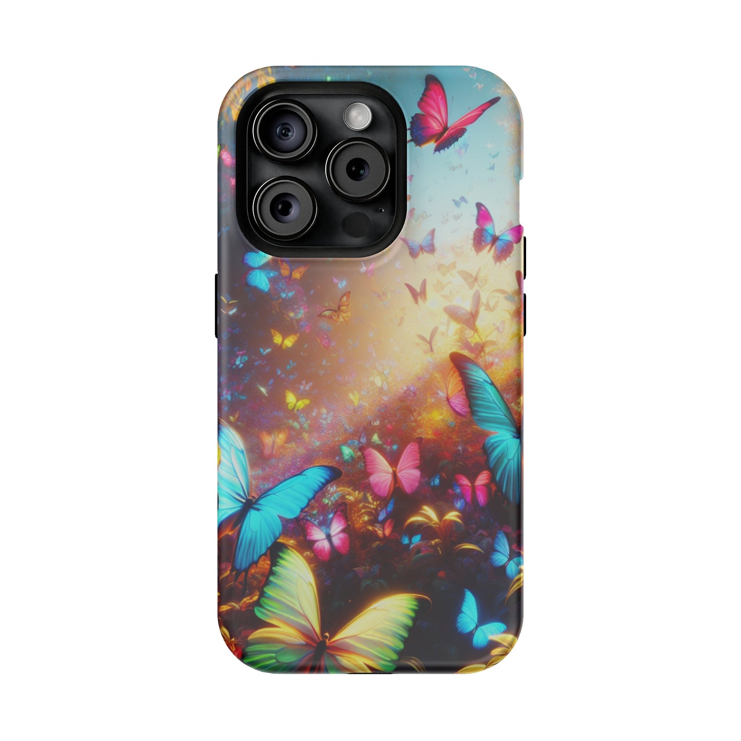 "Neon Butterfly Blooms" Neon Butterflies Premium Art Magsafe Magnet Tough IPhone 13 14 15 Pro Plus Max and Mini in Matte and Glossy Phone cases