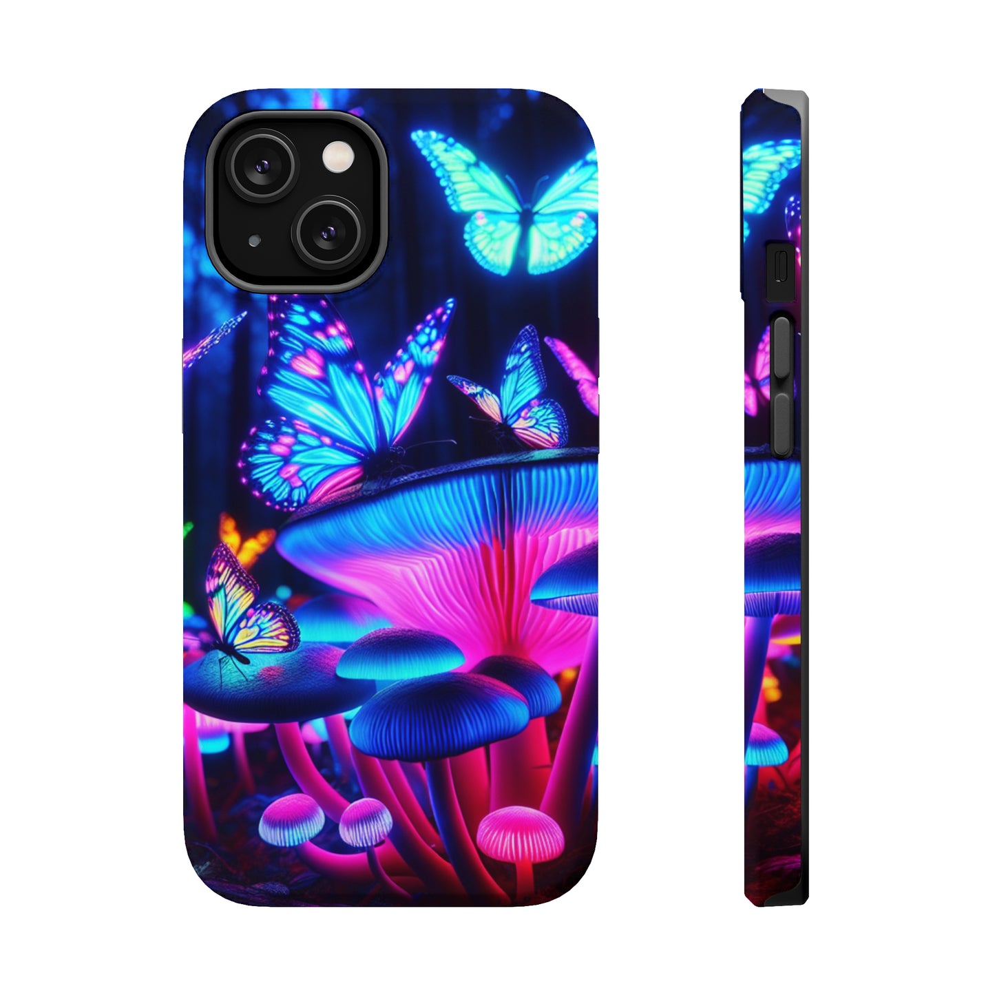 Neon Fantasy Garden Neon Butterflies and Mushrooms Premium Art Magsafe Magnet Tough IPhone 13 14 15 Pro Plus Max and Mini in Matte and Glossy Phone cases