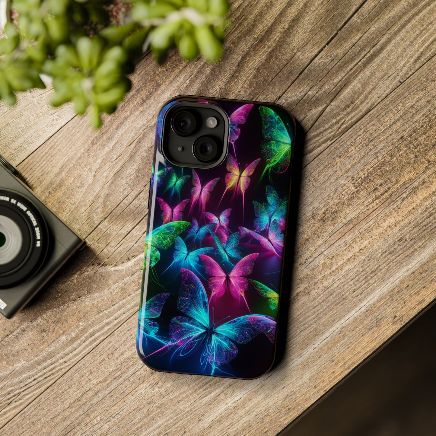 'Euphoria in Neon Flight' Neon Butterflies Premium Art Magsafe Magnet Tough IPhone 13 14 15 Pro Plus Max and Mini in Matte and Glossy Phone cases