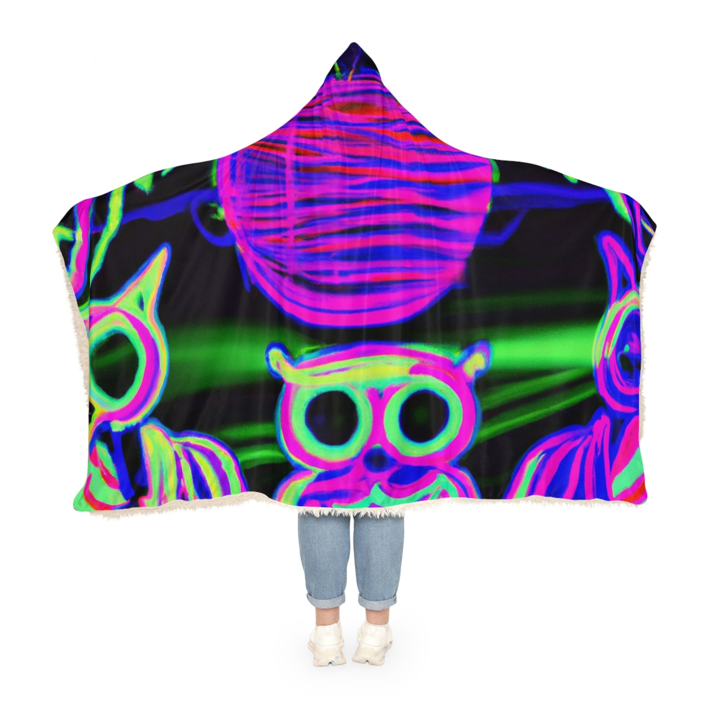"Owlight." - NEON Owls Art Hooded Snuggle Blanket