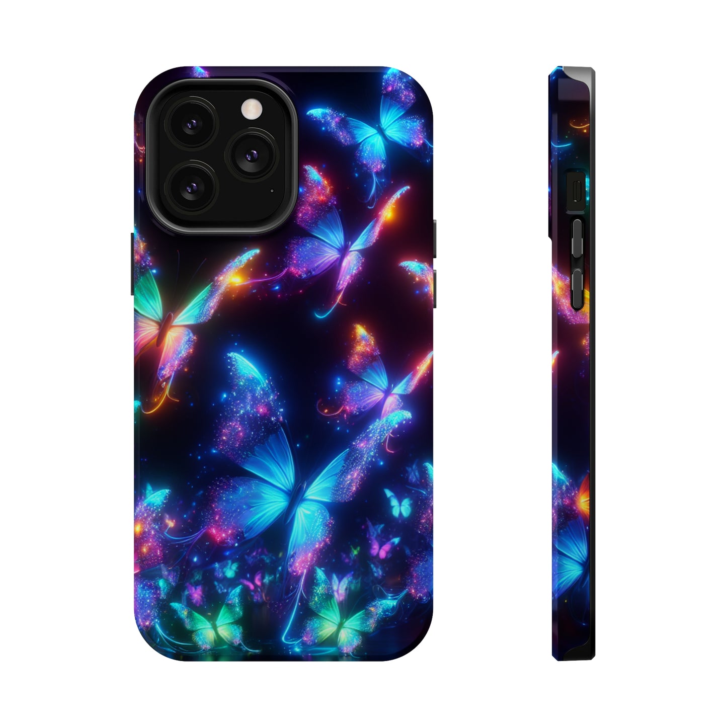 "Electrically Vivid Reverie" Neon Butterflies Premium Art Magsafe Magnet Tough IPhone 13 14 15 Pro Plus Max and Mini in Matte and Glossy Phone cases