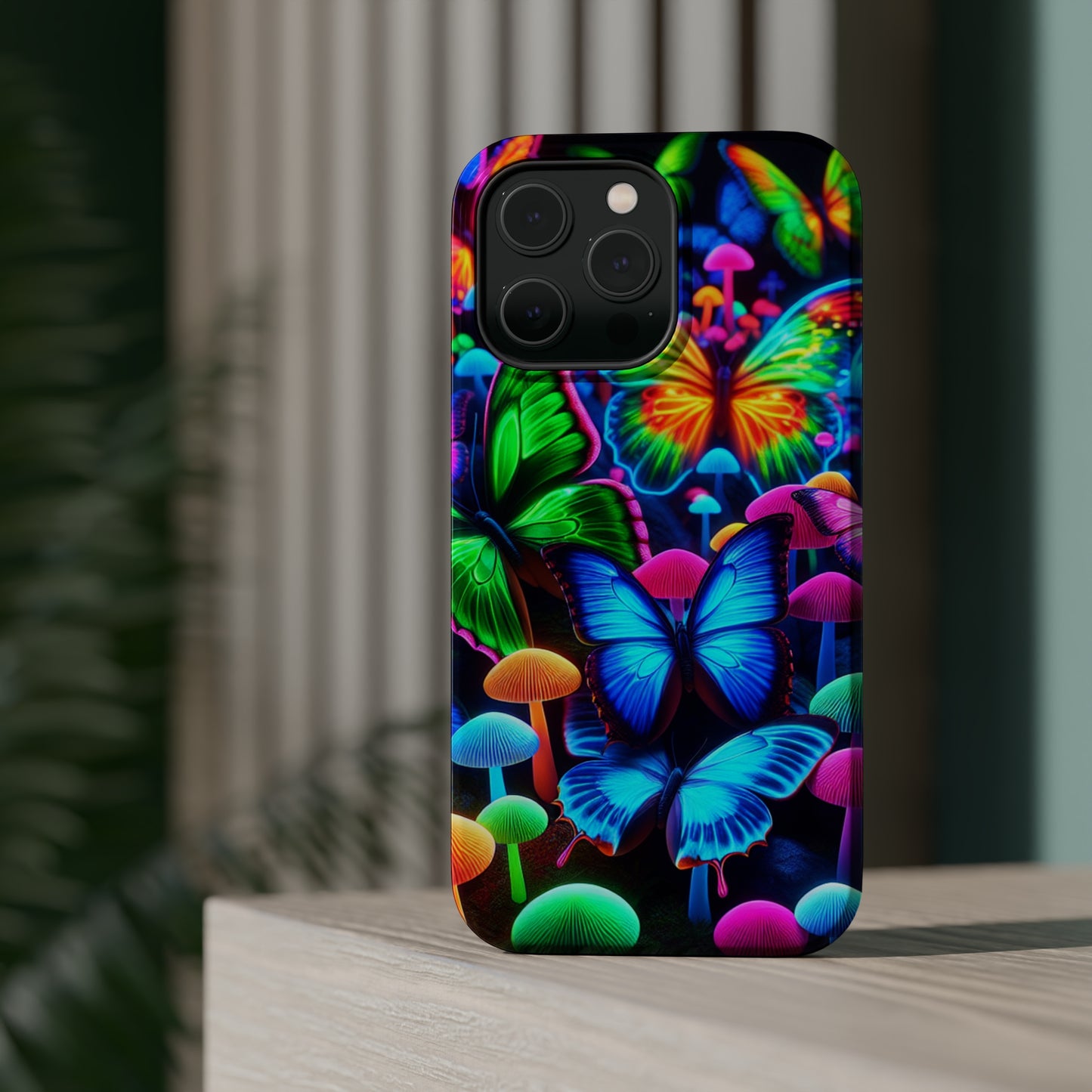"Fantastic Fruition" Neon Butterflies and Mushrooms Premium Art Magsafe Magnet Tough IPhone 13 14 15 Pro Plus Max and Mini in Matte and Glossy Phone cases