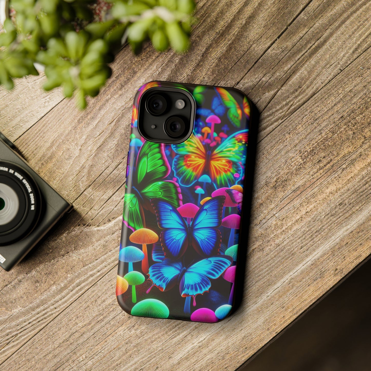 "Fantastic Fruition" Neon Butterflies and Mushrooms Premium Art Magsafe Magnet Tough IPhone 13 14 15 Pro Plus Max and Mini in Matte and Glossy Phone cases