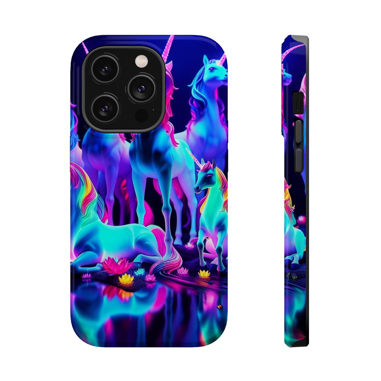 'Neon Dreamscape of Uni-Colors' Neon Unicorns Premium Art Magsafe Magnet Tough IPhone 13 14 15 Pro Plus Max and Mini in Matte and Glossy Phone cases