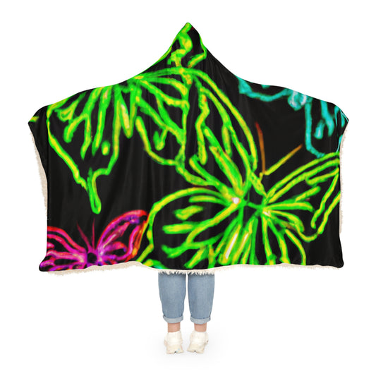 "Neon Flight" - NEON Butterflies Art Hooded Snuggle Blanket