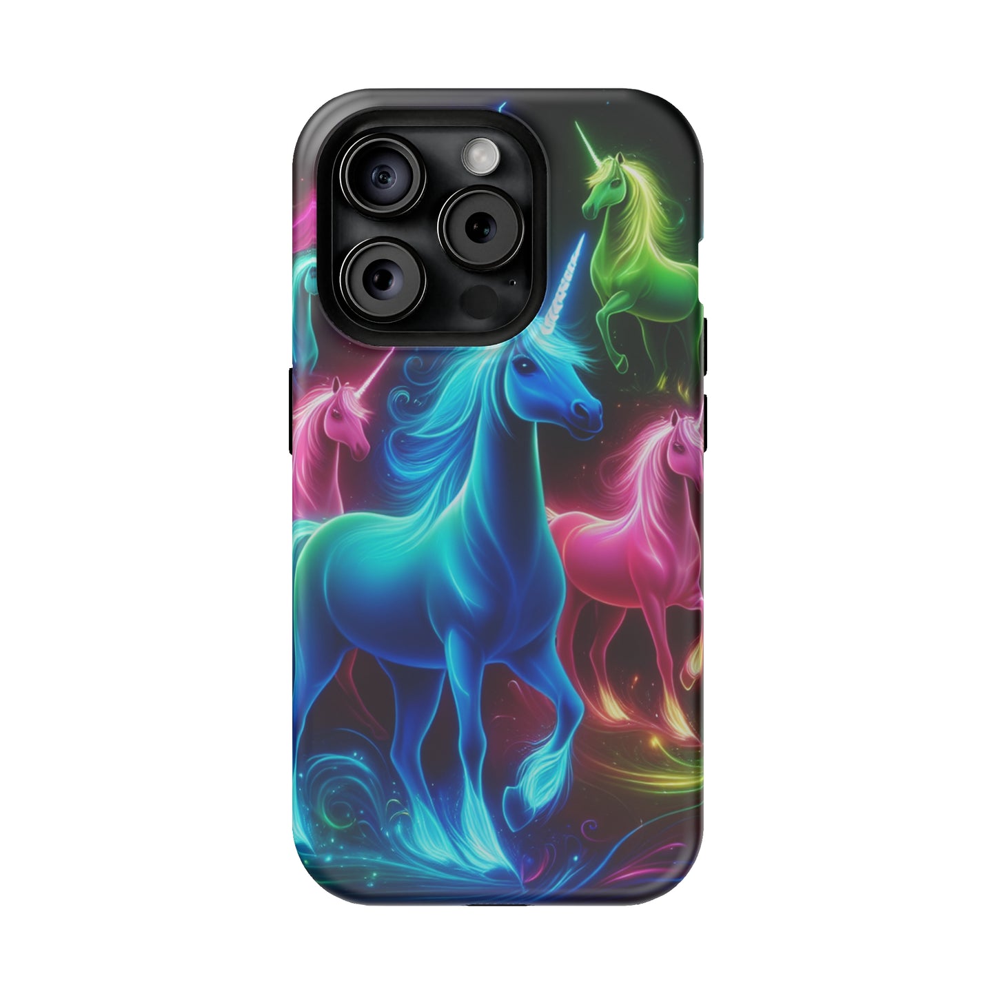 Neon Rainbow Herd. Neon Unicorns Premium Art Magsafe Magnet Tough IPhone 13 14 15 Pro Plus Max and Mini in Matte and Glossy Phone cases