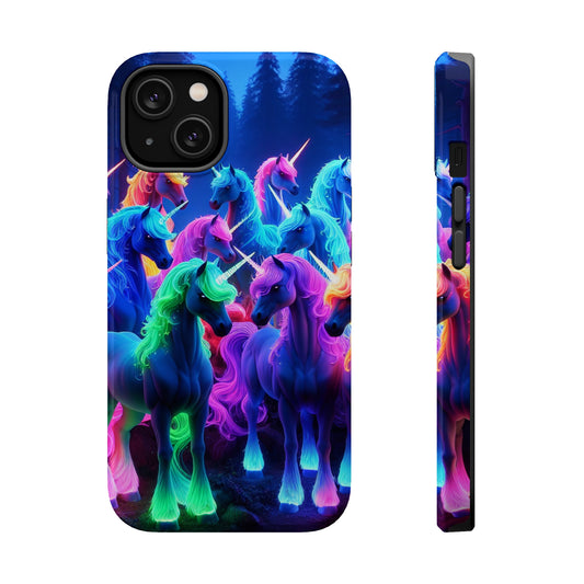 "Neon Fantasyland" Neon Unicorns Premium Art Magsafe Magnet Tough IPhone 13 14 15 Pro Plus Max and Mini in Matte and Glossy Phone cases