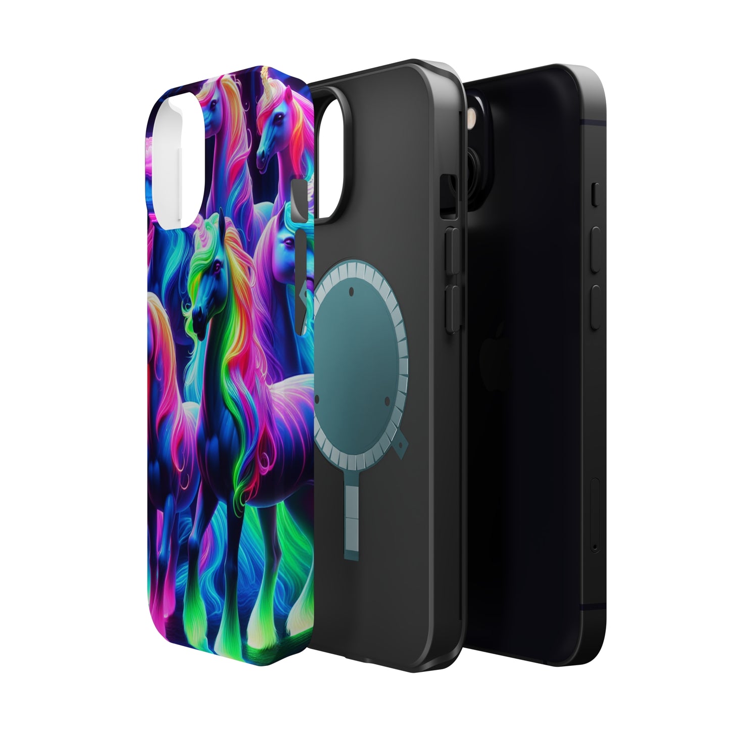 Neon Magic Skies - Unicorn Gang. Neon Unicorns Premium Art Magsafe Magnet Tough IPhone 13 14 15 Pro Plus Max and Mini in Matte and Glossy Phone cases