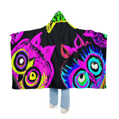 "Neon Night Owls" - NEON Owls Art Hooded Snuggle Blanket