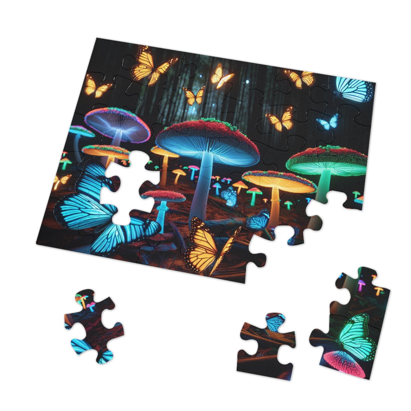 Neon Butterflydreamscape - Neon Butterflies and Mushrooms Puzzle 30, 110, 252, and 1000 Pieces