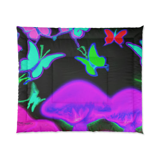 Neon Prismatic Splendor. Butterflies & Mushrooms Comforter Blanket