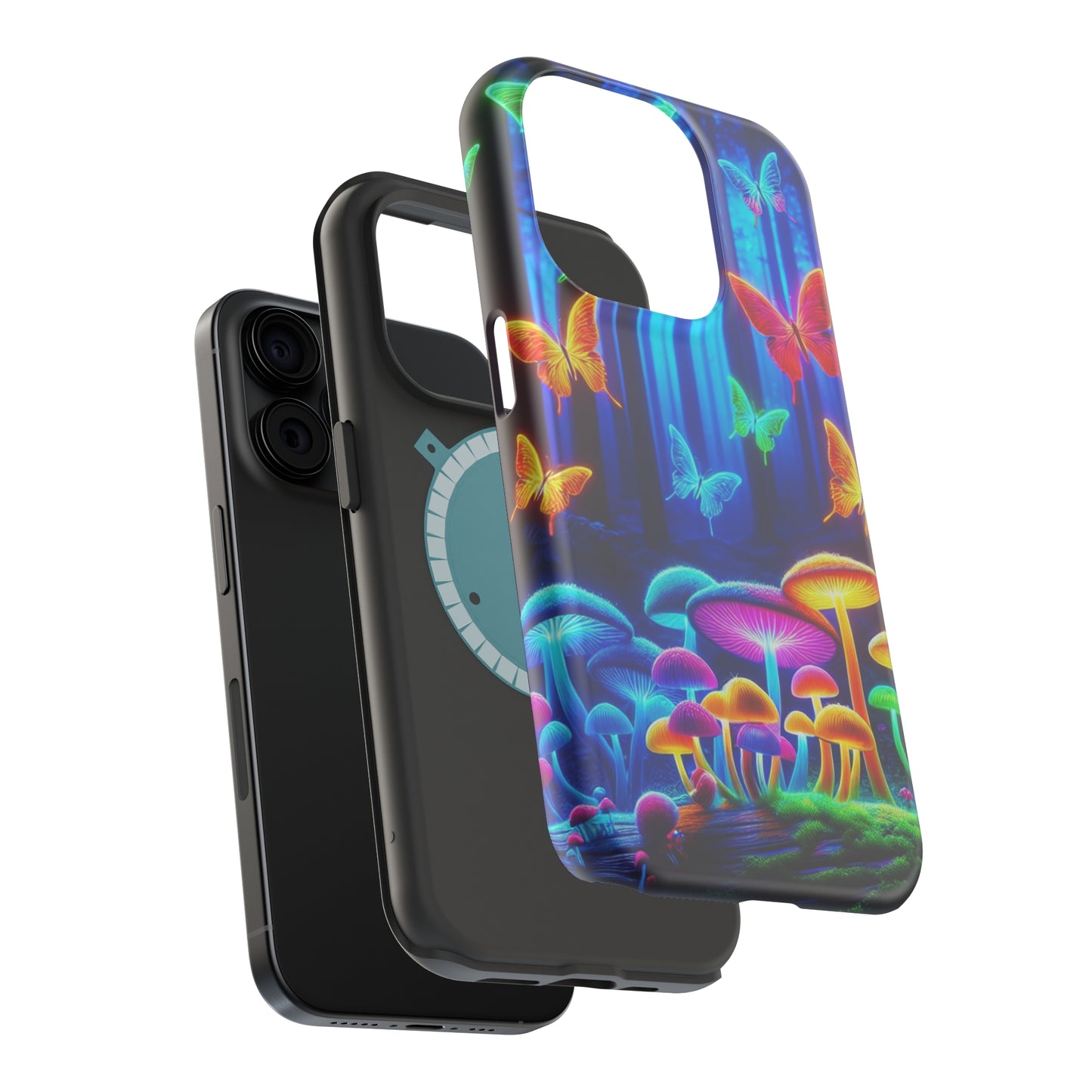 "Neon Garden Delight" Neon Butterflies and Mushrooms Premium Art Magsafe Magnet Tough IPhone 13 14 15 Pro Plus Max and Mini in Matte and Glossy Phone cases