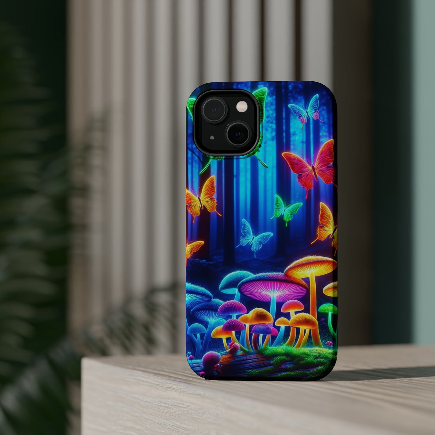 "Neon Garden Delight" Neon Butterflies and Mushrooms Premium Art Magsafe Magnet Tough IPhone 13 14 15 Pro Plus Max and Mini in Matte and Glossy Phone cases