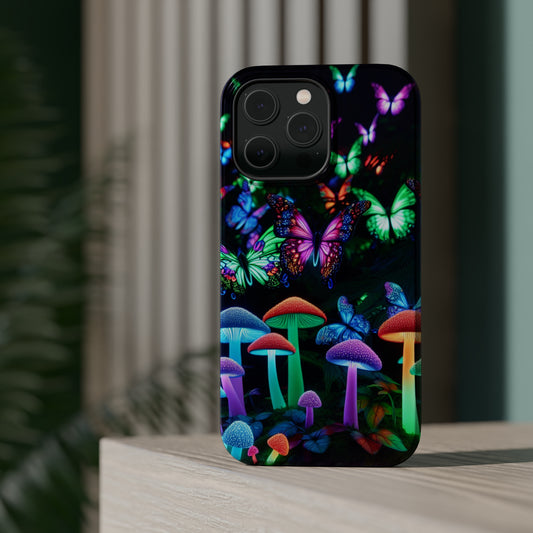 "Neon Burst Wonderland". Neon Butterflies and Mushrooms Premium Art Magsafe Magnet Tough IPhone 13 14 15 Pro Plus Max and Mini in Matte and Glossy Phone cases