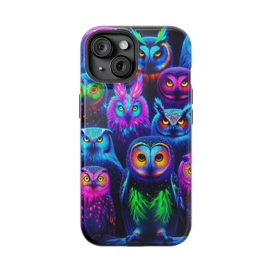 Neon Nocturnal Nook Neon Owls Premium Art Magsafe Magnet Tough IPhone 13 14 15 Pro Plus Max and Mini in Matte and Glossy Phone cases