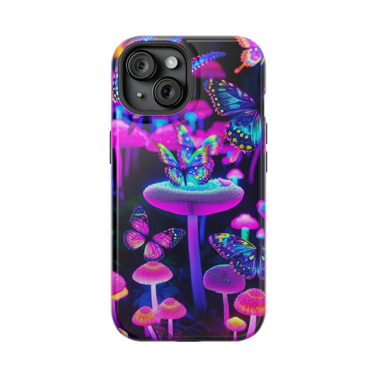 "Neon Gloomsprite Dance" Neon Butterflies and Mushrooms Premium Art Magsafe Magnet Tough IPhone 13 14 15 Pro Plus Max and Mini in Matte and Glossy Phone cases