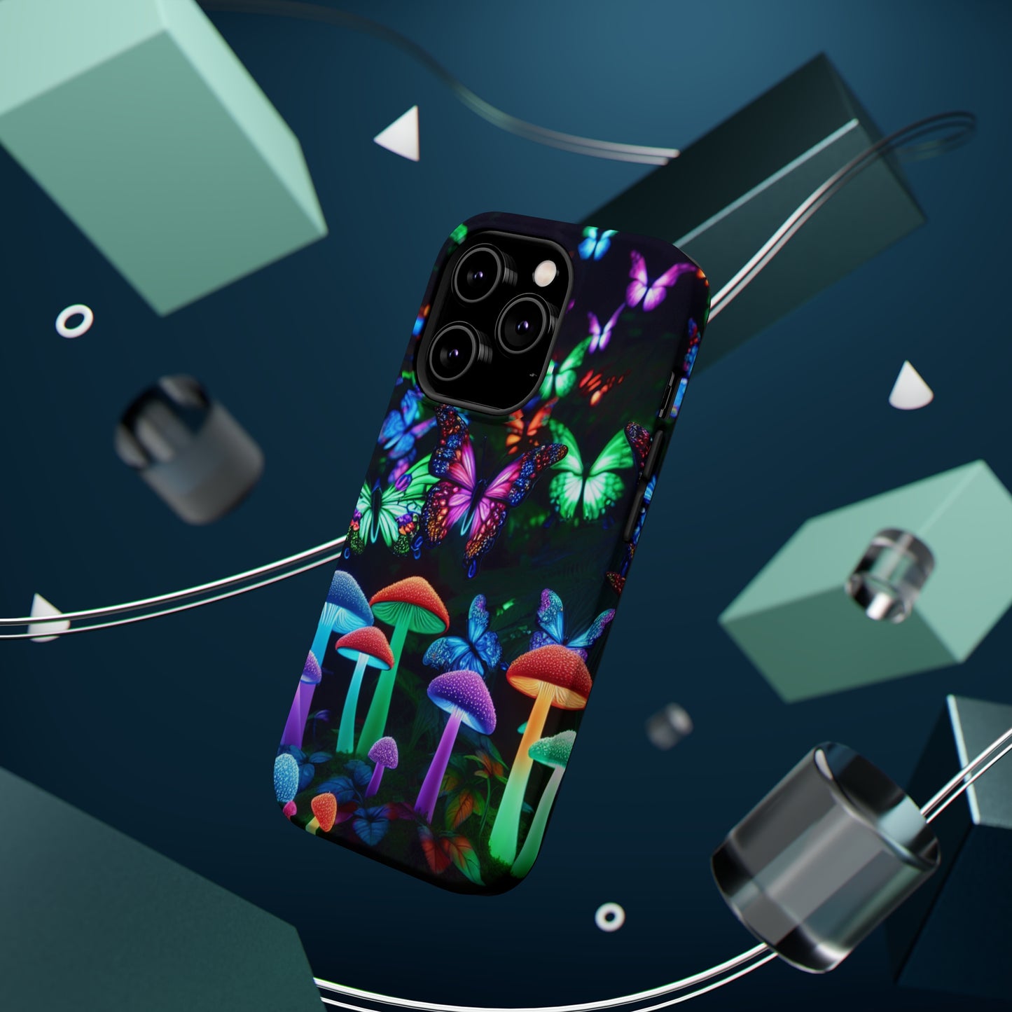 "Neon Burst Wonderland". Neon Butterflies and Mushrooms Premium Art Magsafe Magnet Tough IPhone 13 14 15 Pro Plus Max and Mini in Matte and Glossy Phone cases