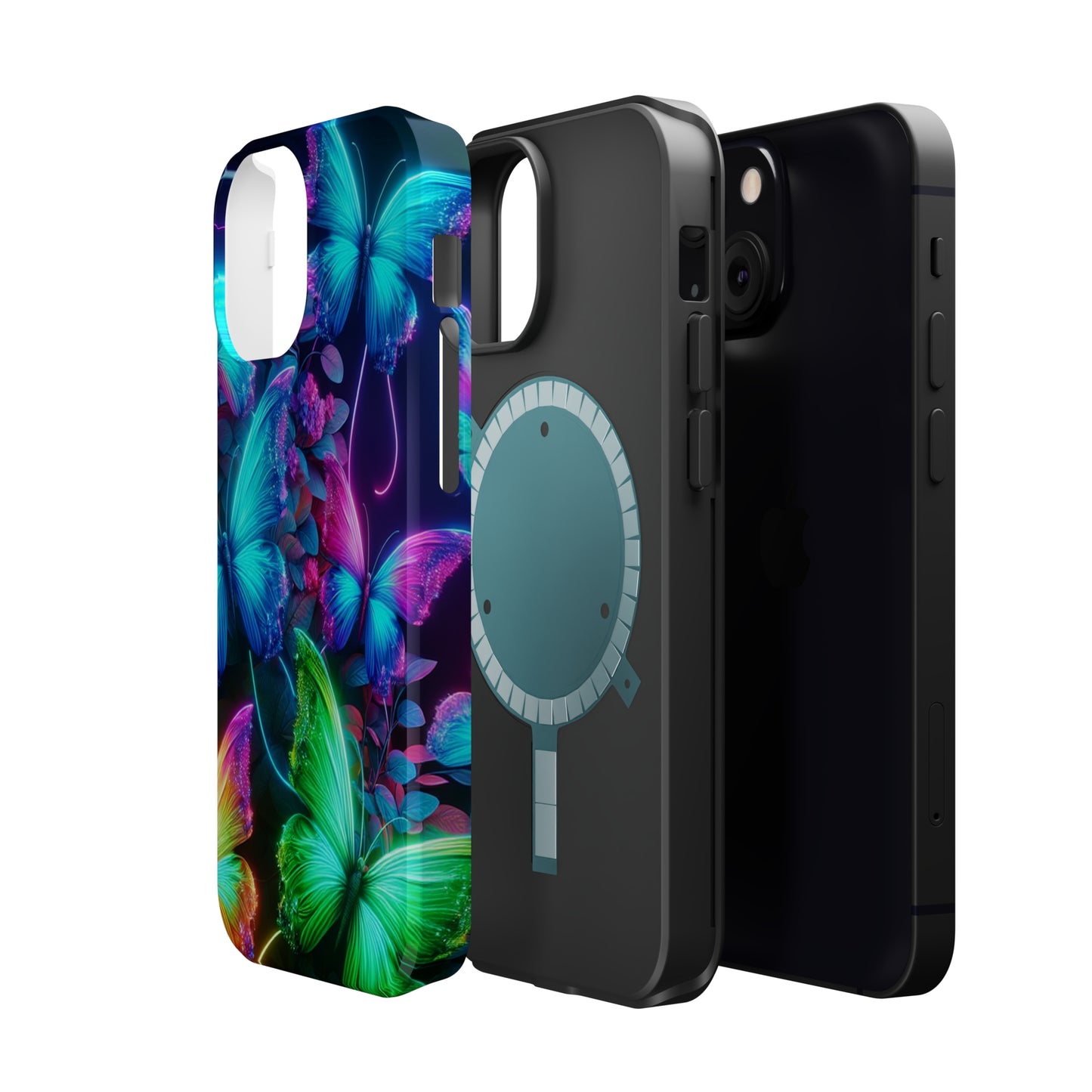 Neon Flutter Symphony Neon Butterflies Premium Art Magsafe Magnet Tough IPhone 13 14 15 Pro Plus Max and Mini in Matte and Glossy Phone cases