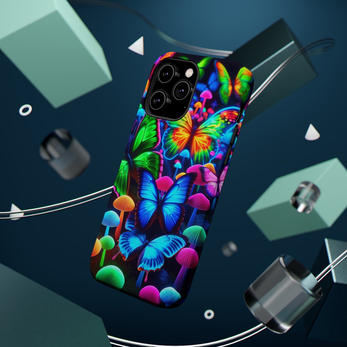"Fantastic Fruition" Neon Butterflies and Mushrooms Premium Art Magsafe Magnet Tough IPhone 13 14 15 Pro Plus Max and Mini in Matte and Glossy Phone cases