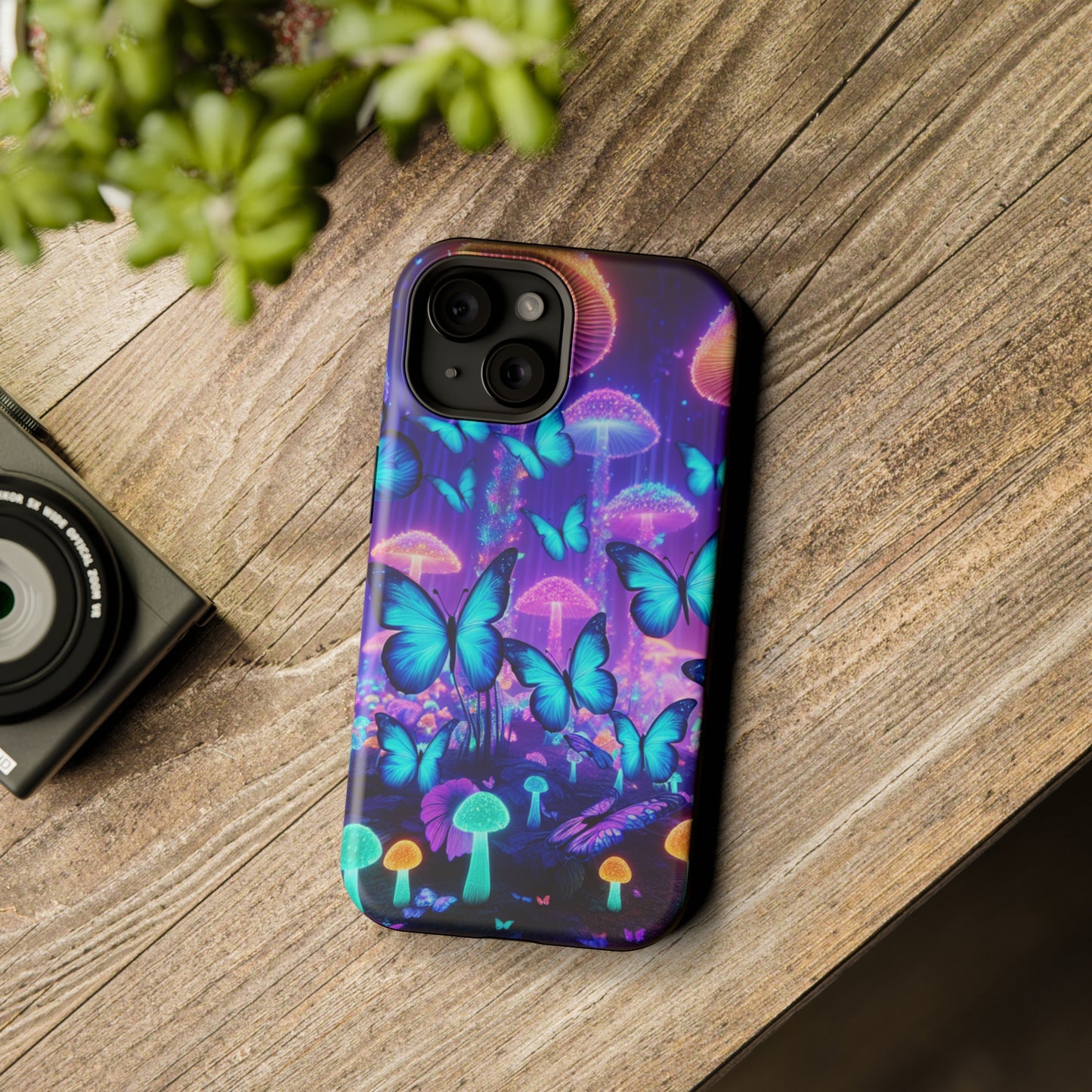 Neon Delight Landscape Neon Butterflies and Mushrooms Premium Art Magsafe Magnet Tough IPhone 13 14 15 Pro Plus Max and Mini in Matte and Glossy Phone cases