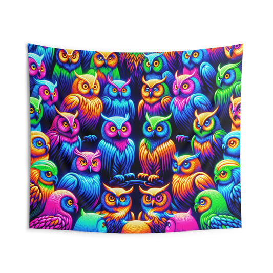 Neon Nocturnal Clowder NEON Owls Art Tapestry