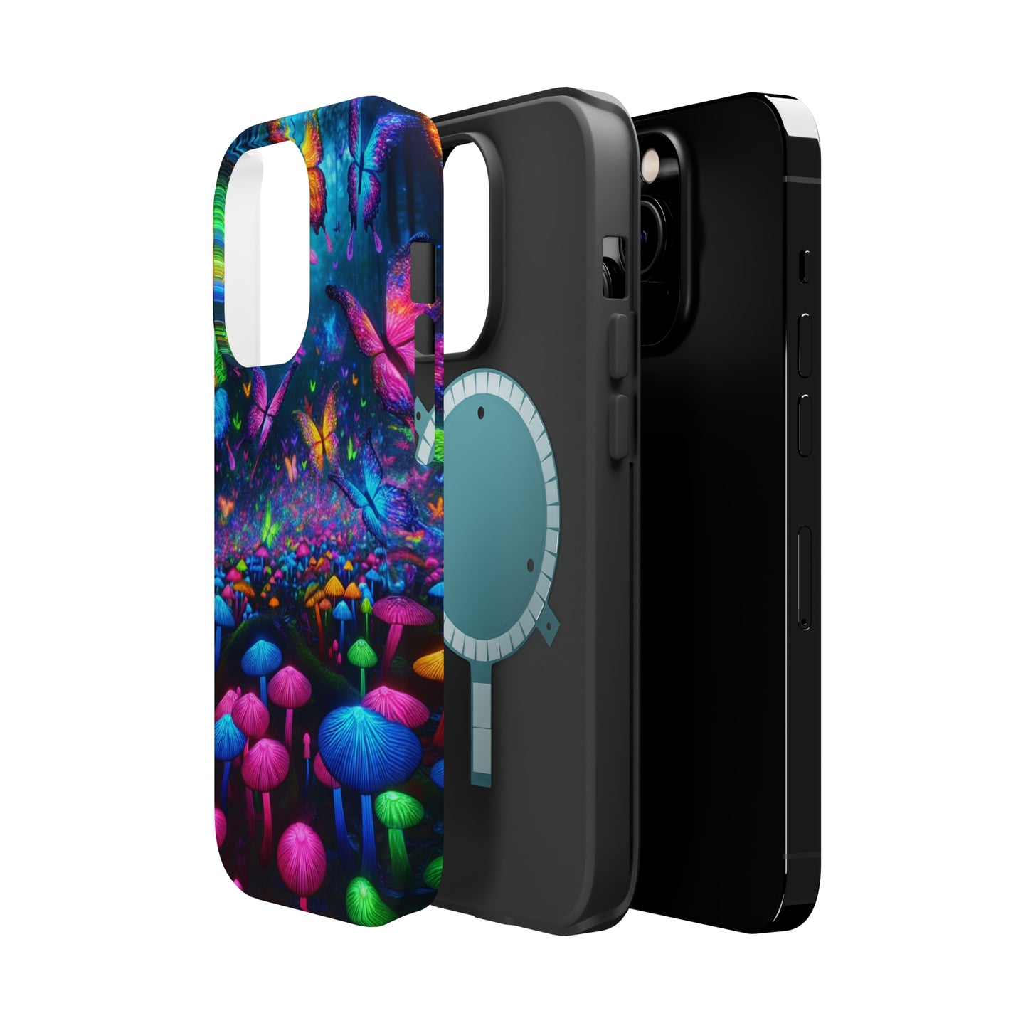 Neon Fruition Neon Butterflies and Mushrooms Premium Art Magsafe Magnet Tough IPhone 13 14 15 Pro Plus Max and Mini in Matte and Glossy Phone cases
