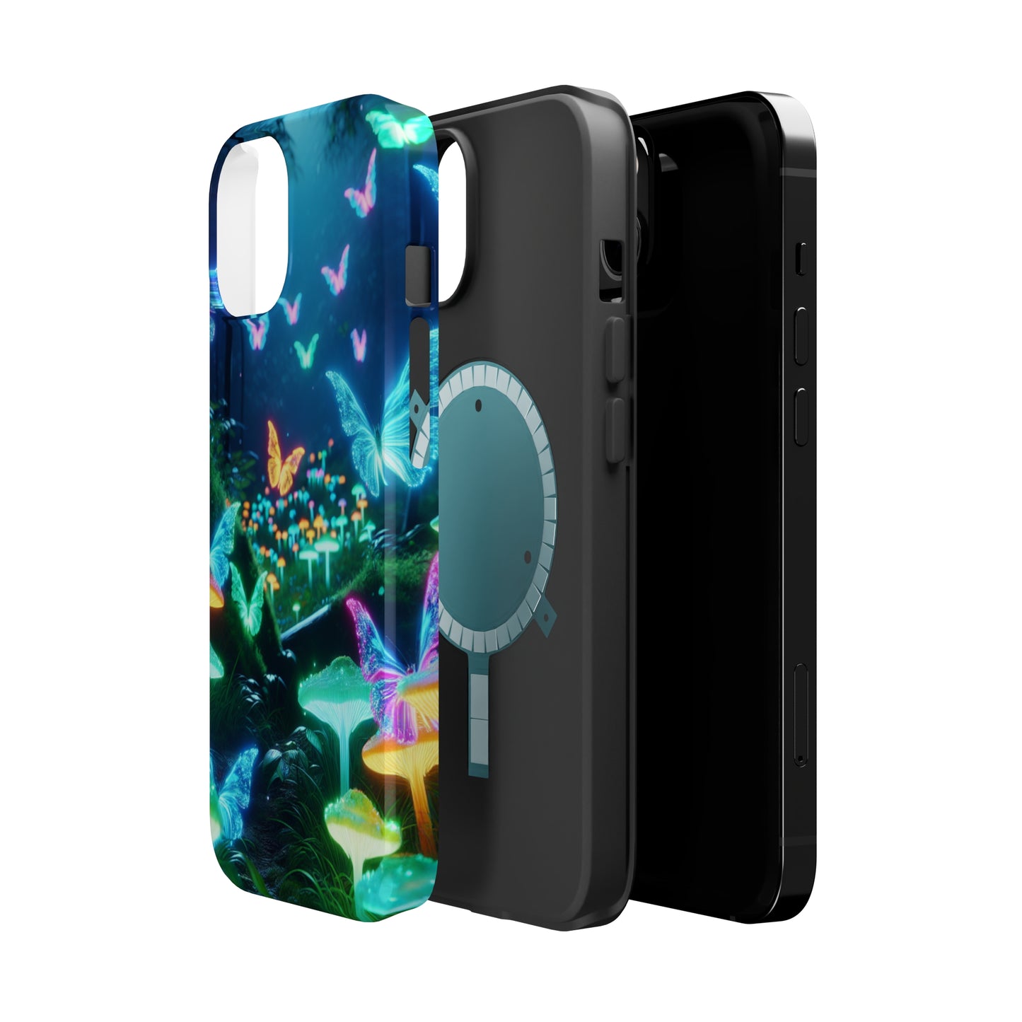 "Neon Meadow" Neon Butterflies and Mushrooms Premium Art Magsafe Magnet Tough IPhone 13 14 15 Pro Plus Max and Mini in Matte and Glossy Phone cases