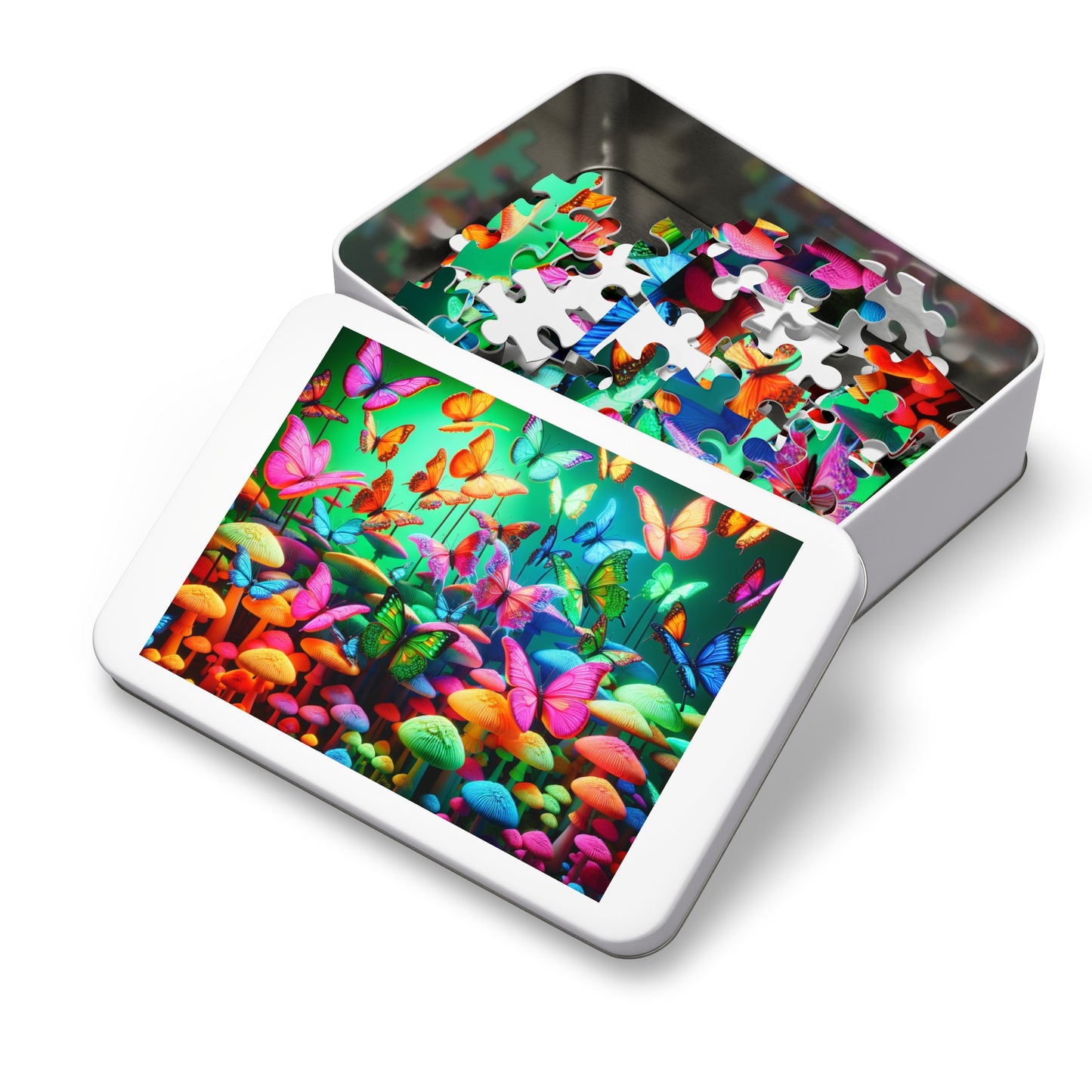 Neon Splendor. - Neon Butterflies and Mushrooms Puzzle 30, 110, 252, and 1000 Pieces