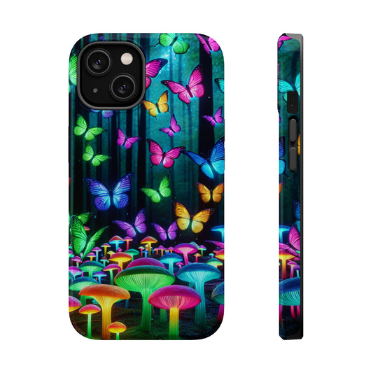 "Vivid Neon Splendor" Neon Butterflies and Mushrooms Premium Art Magsafe Magnet Tough IPhone 13 14 15 Pro Plus Max and Mini in Matte and Glossy Phone cases