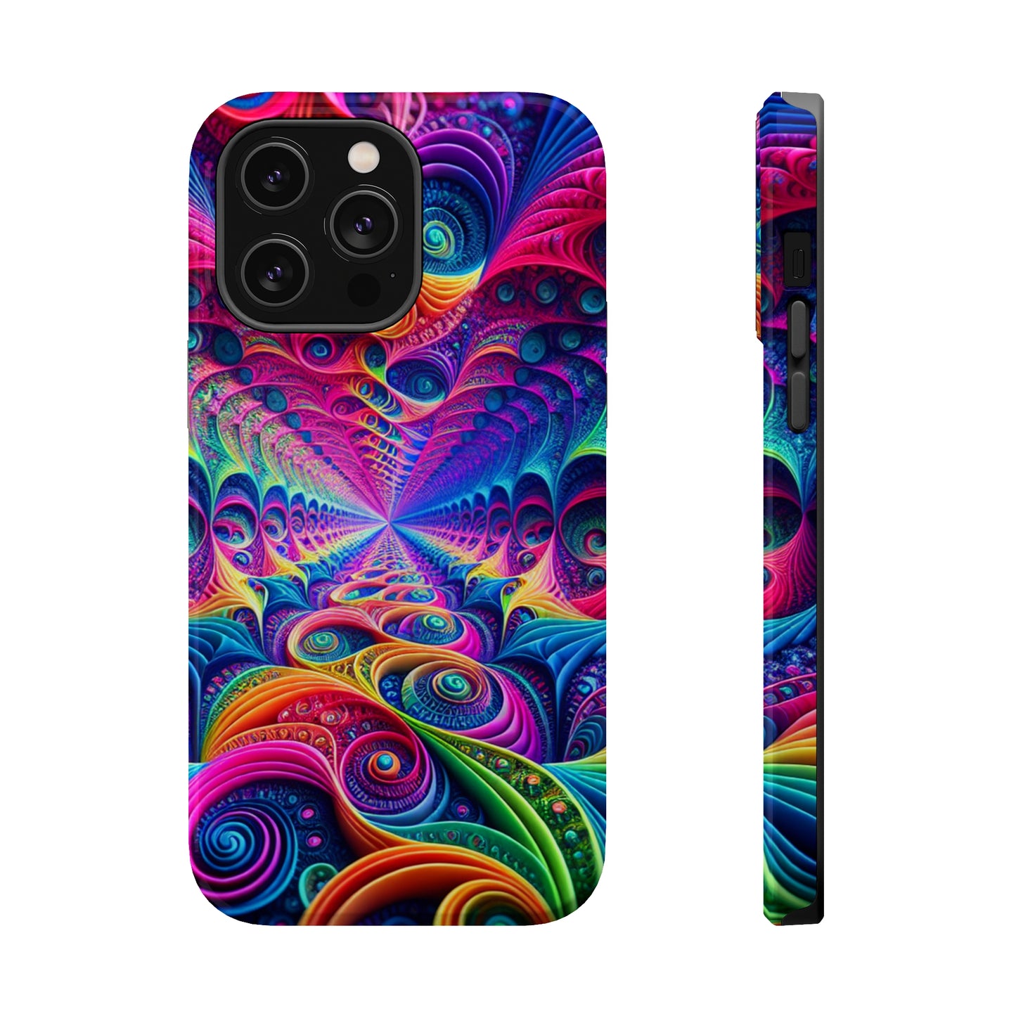 Cosmic Electric Rainbow Frenzy. Neon Trippy Infinity Patterns Premium Art Magsafe Magnet Tough IPhone 13 14 15 Pro Plus Max and Mini in Matte and Glossy Phone cases