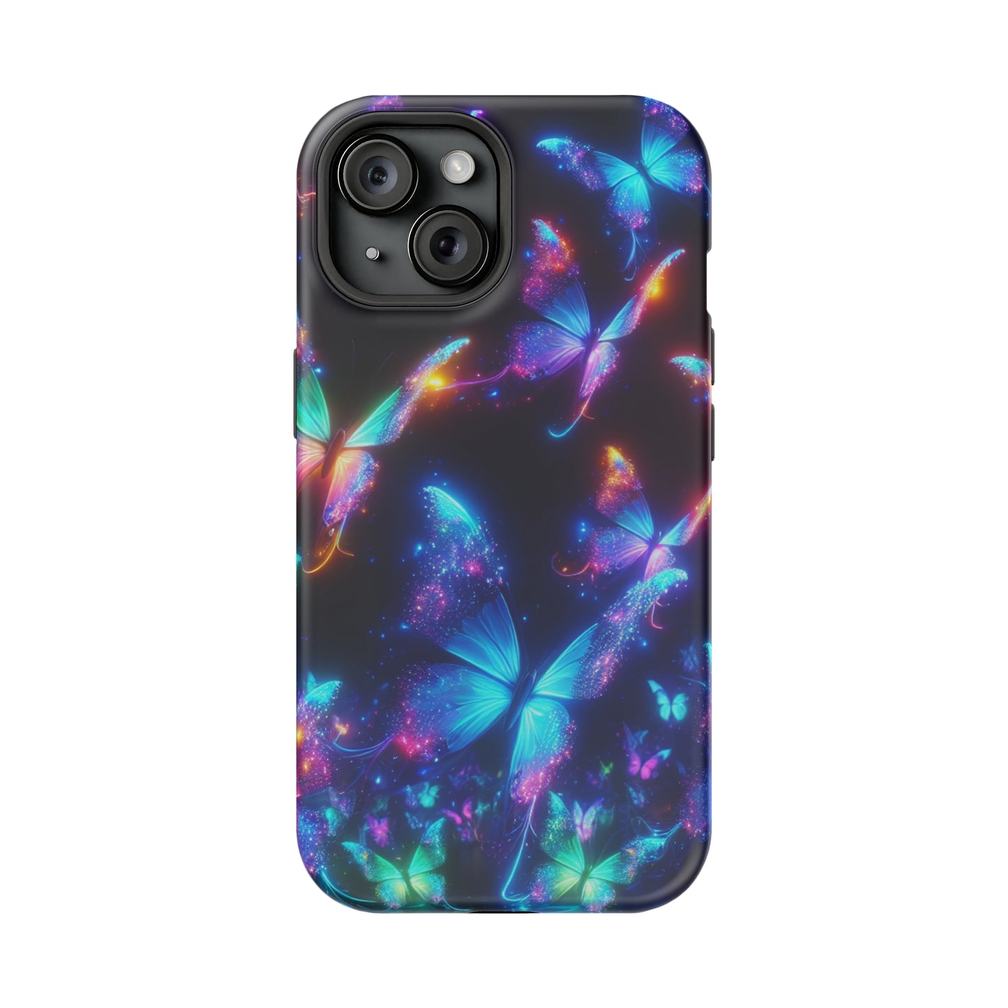 "Electrically Vivid Reverie" Neon Butterflies Premium Art Magsafe Magnet Tough IPhone 13 14 15 Pro Plus Max and Mini in Matte and Glossy Phone cases