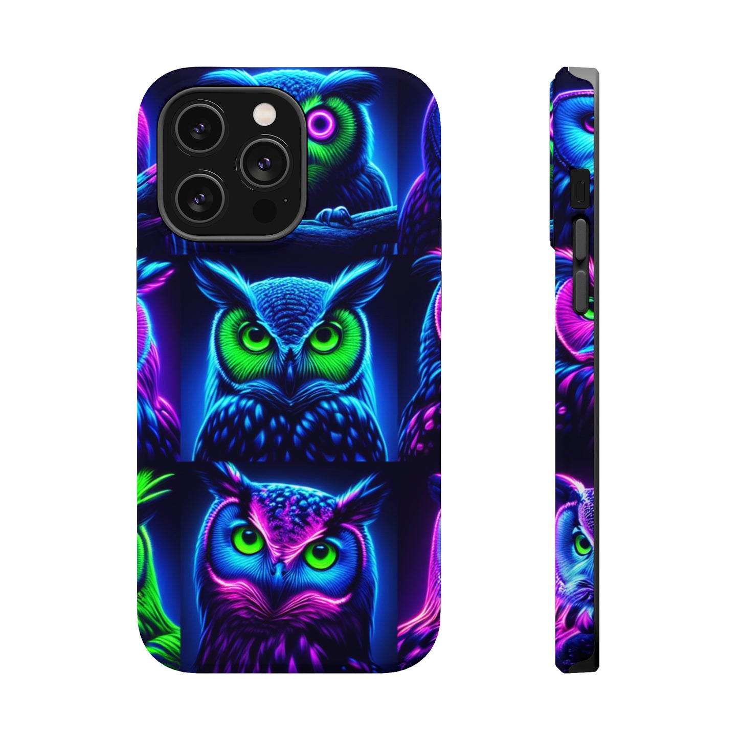 "Neon Nocturne" Neon Owls Premium Art Magsafe Magnet Tough IPhone 13 14 15 Pro Plus Max and Mini in Matte and Glossy Phone cases