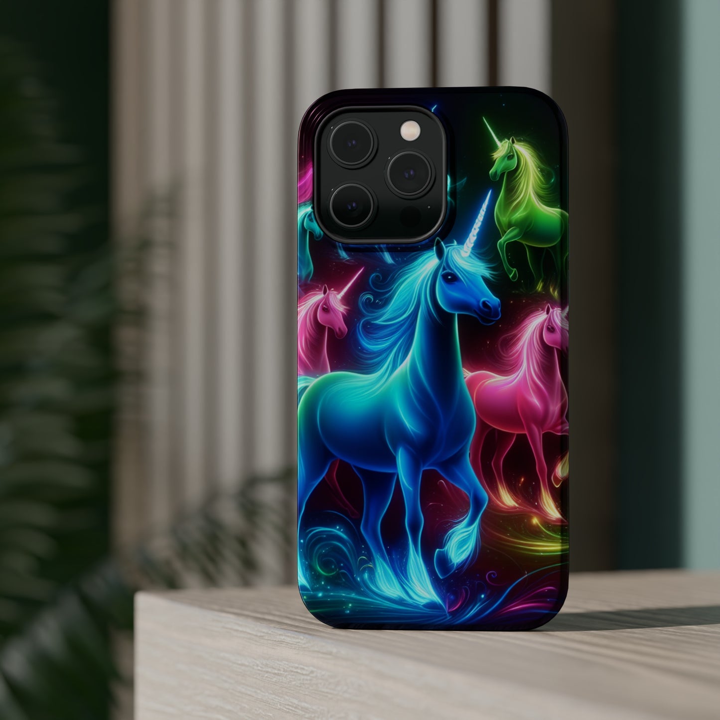 Neon Rainbow Herd. Neon Unicorns Premium Art Magsafe Magnet Tough IPhone 13 14 15 Pro Plus Max and Mini in Matte and Glossy Phone cases