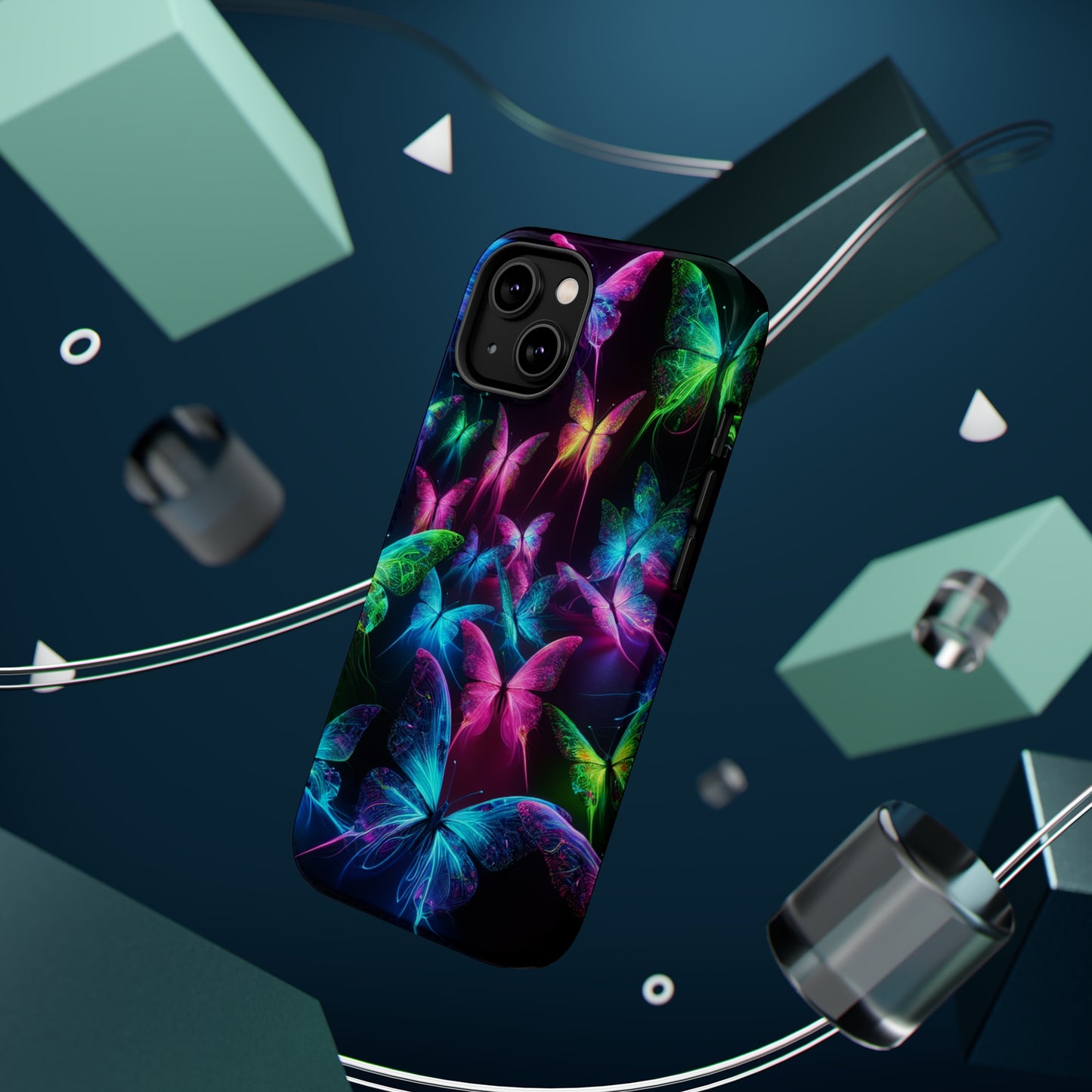 'Euphoria in Neon Flight' Neon Butterflies Premium Art Magsafe Magnet Tough IPhone 13 14 15 Pro Plus Max and Mini in Matte and Glossy Phone cases