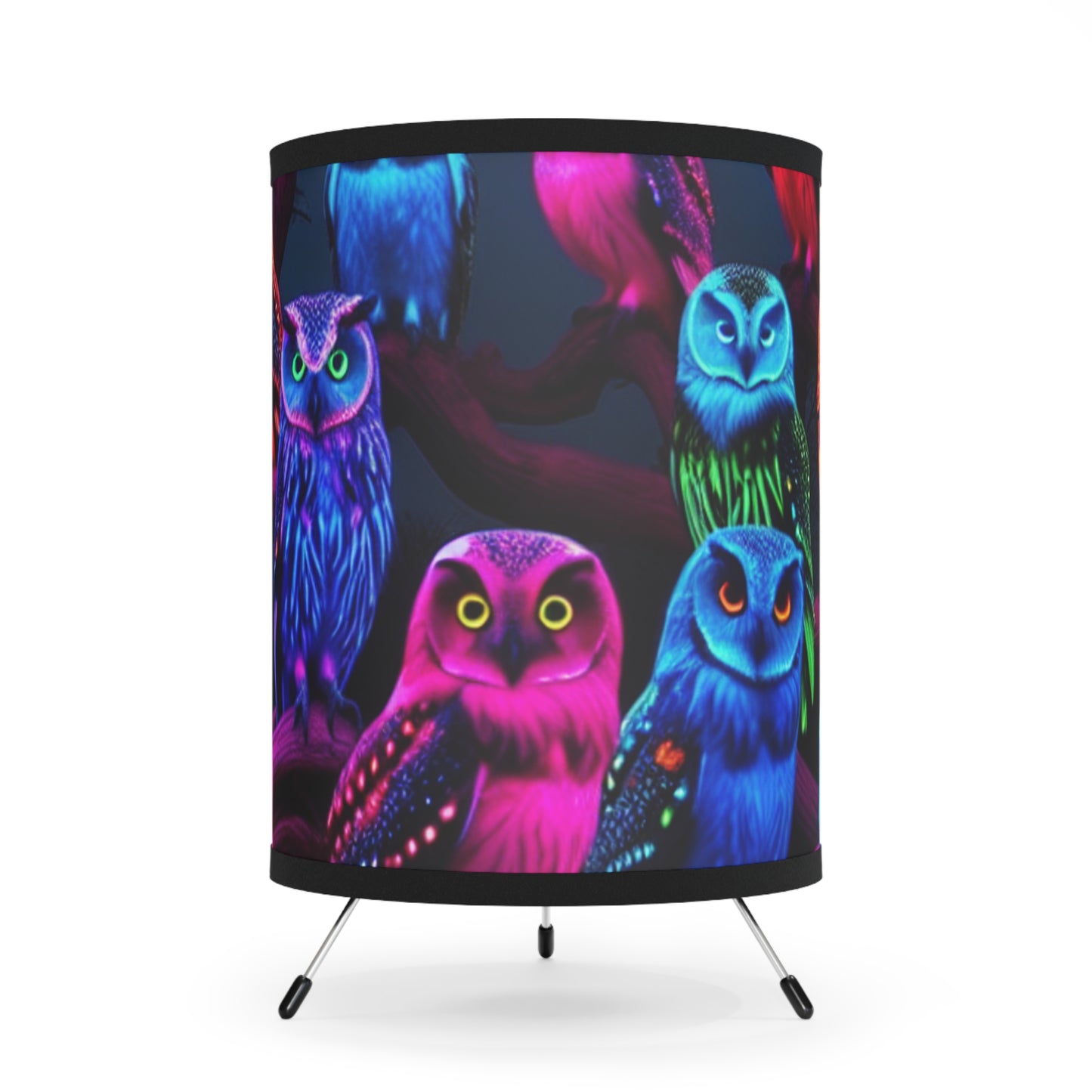 "Owls in Neon Hues" - NEON Owls Art Tripod Lamp