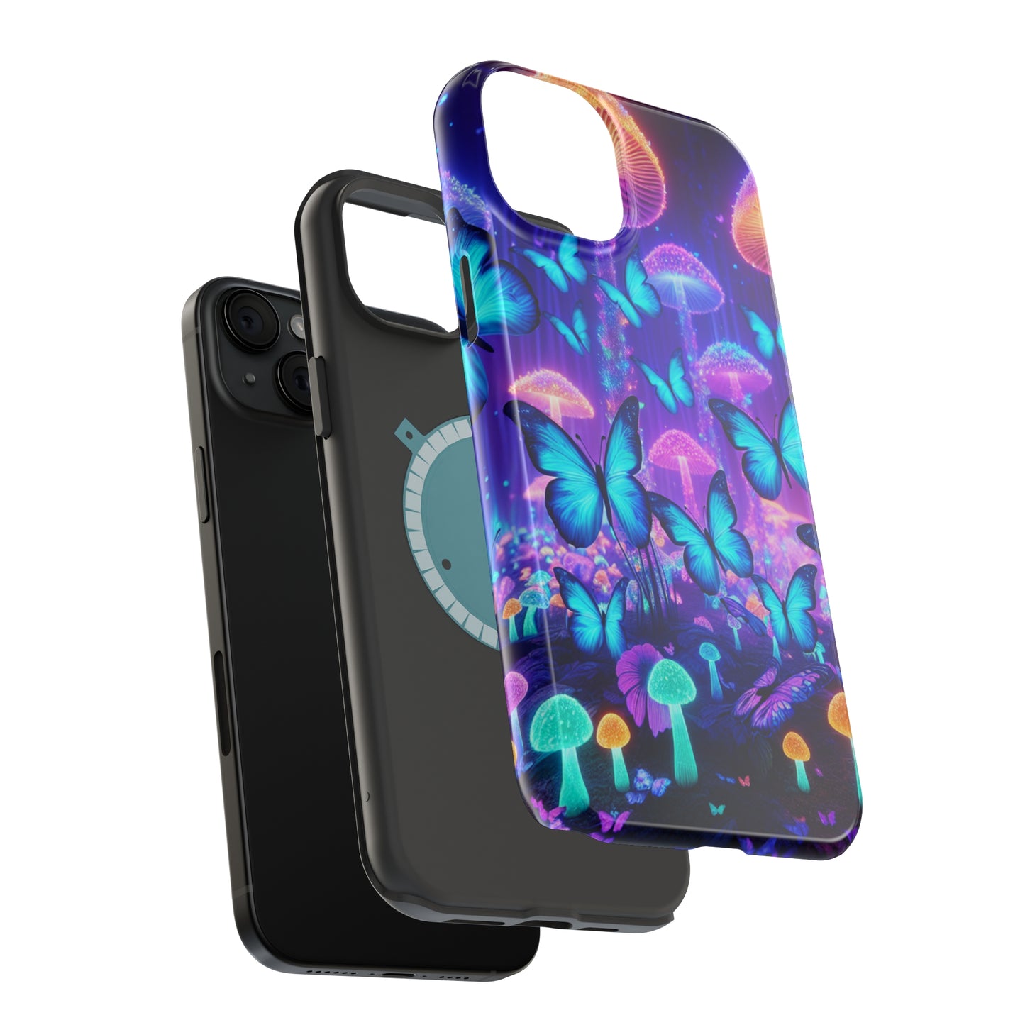 Neon Delight Landscape Neon Butterflies and Mushrooms Premium Art Magsafe Magnet Tough IPhone 13 14 15 Pro Plus Max and Mini in Matte and Glossy Phone cases