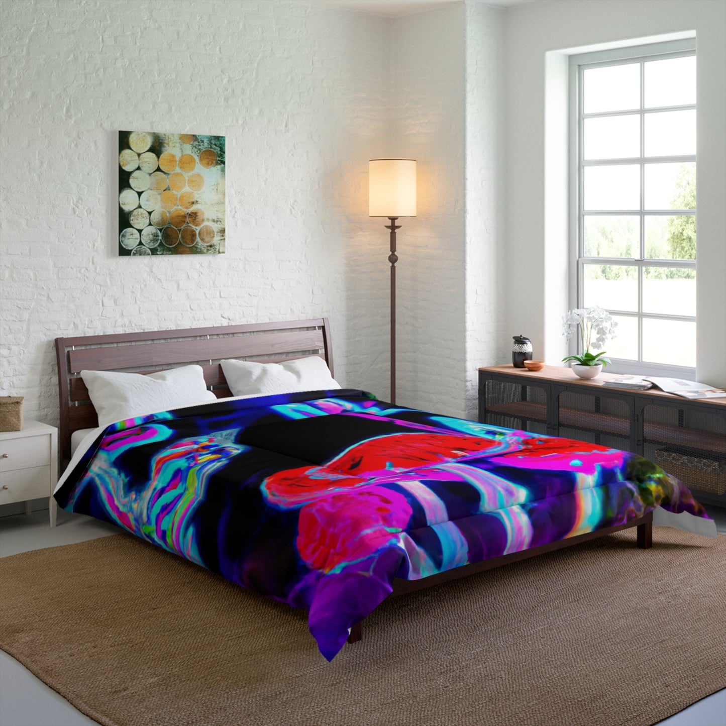Vivid Neon Dreamscape. Butterflies & Mushrooms Comforter Blanket