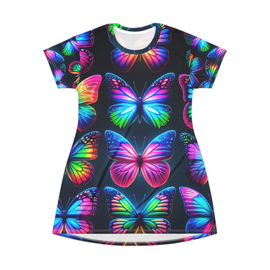 "Vivid Neon Flutter" Neon Butterflies Womans T Shirt Dress