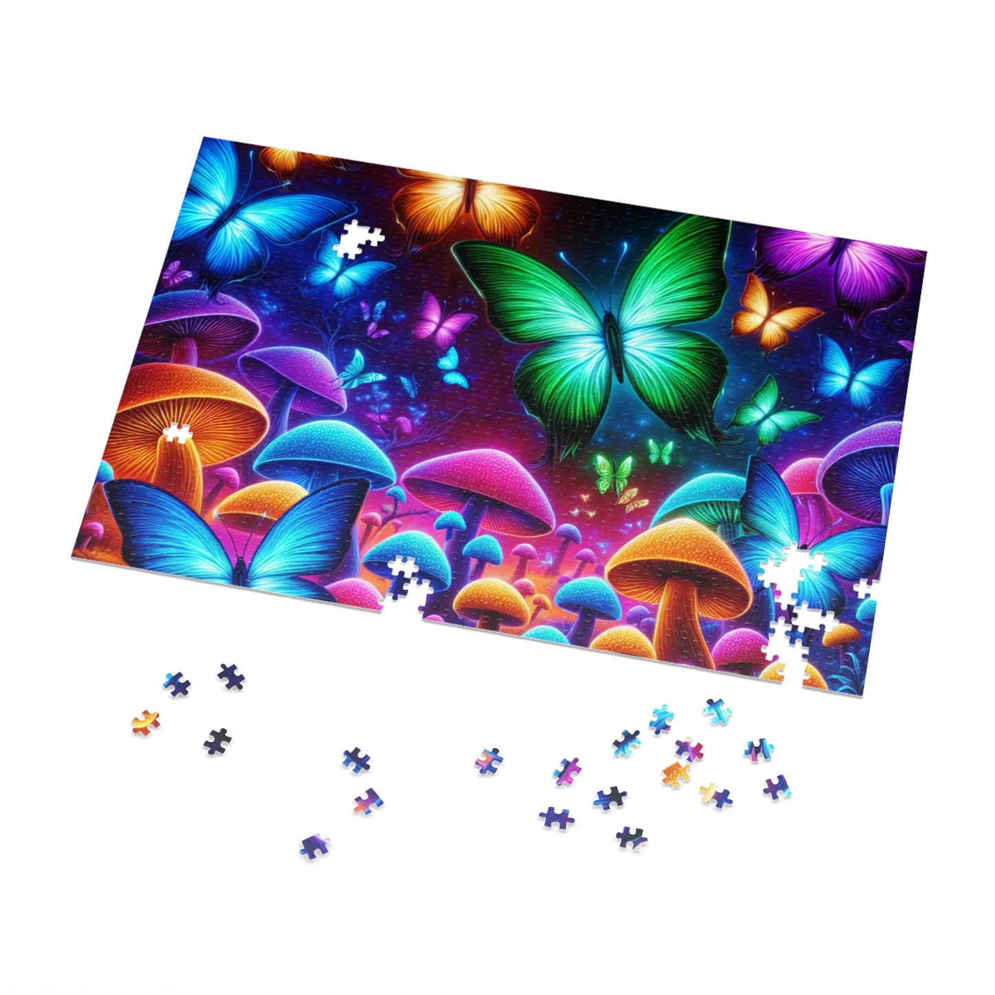 Neon Splurge. - Neon Butterflies and Mushrooms Puzzle 30, 110, 252, and 1000 Pieces