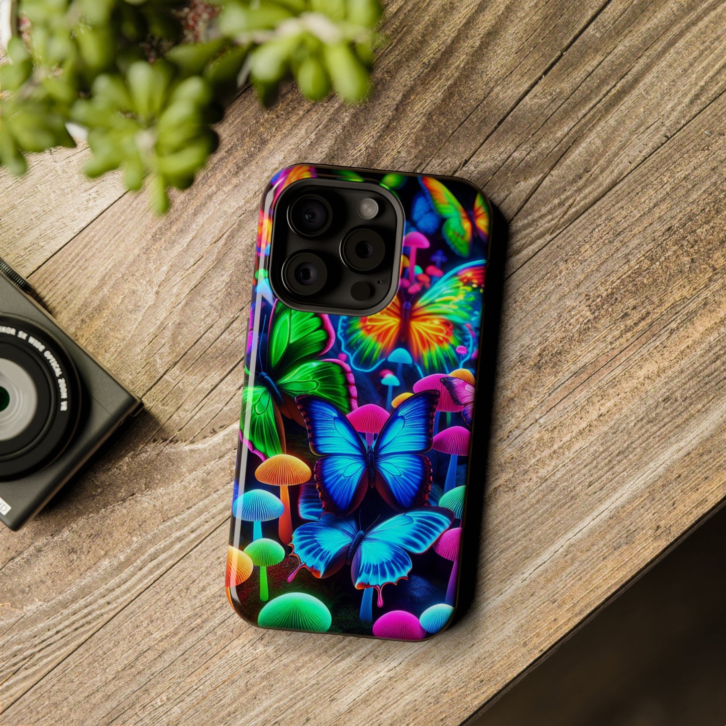 "Fantastic Fruition" Neon Butterflies and Mushrooms Premium Art Magsafe Magnet Tough IPhone 13 14 15 Pro Plus Max and Mini in Matte and Glossy Phone cases