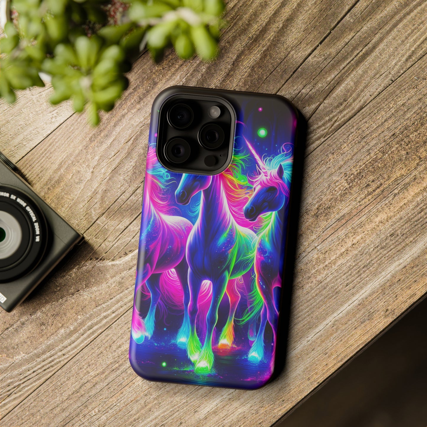 "Uni-Neon Fantasy" Neon Unicorns Premium Art Magsafe Magnet Tough IPhone 13 14 15 Pro Plus Max and Mini in Matte and Glossy Phone cases