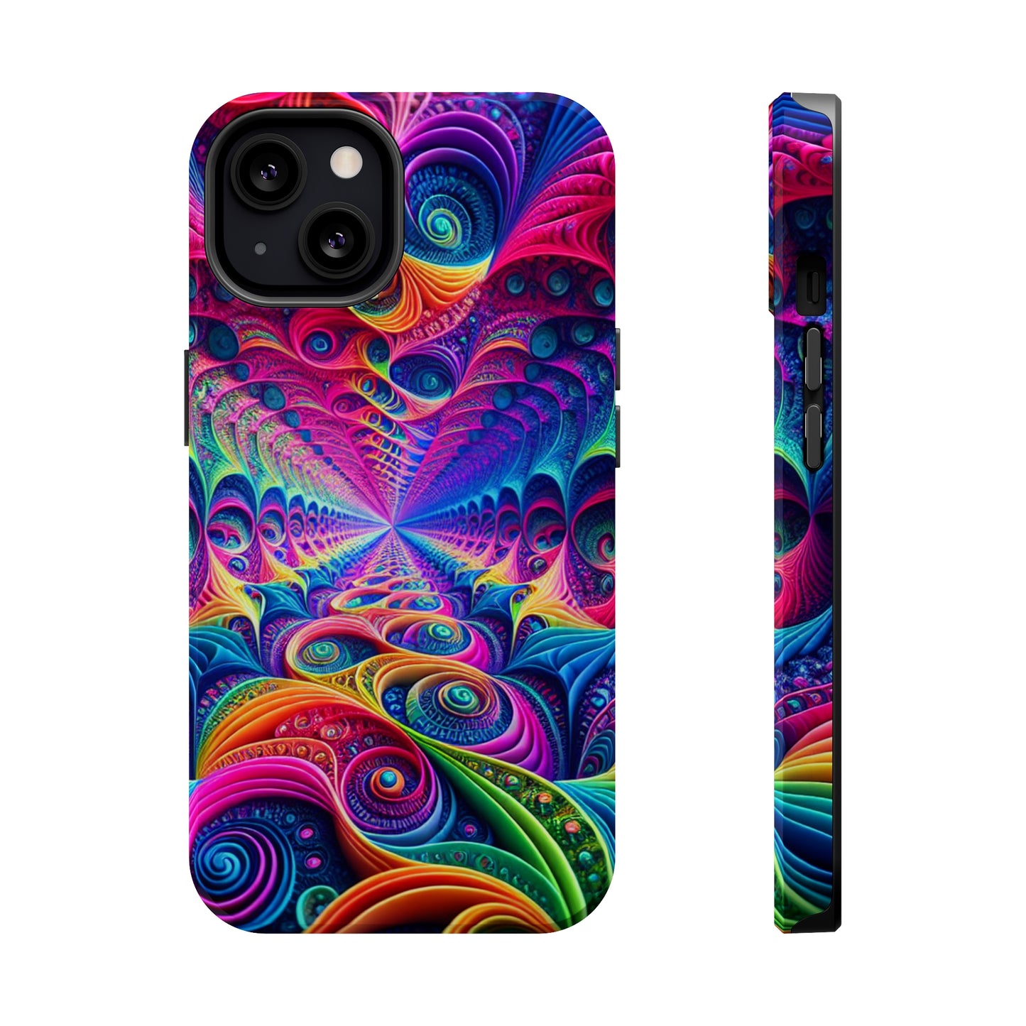 Cosmic Electric Rainbow Frenzy. Neon Trippy Infinity Patterns Premium Art Magsafe Magnet Tough IPhone 13 14 15 Pro Plus Max and Mini in Matte and Glossy Phone cases